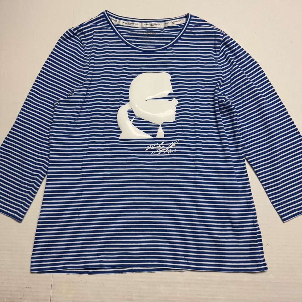 Karl Lagerfeld Paris Silhouette 3/4 Sleeve Tee In Blue White Stripe Size: L